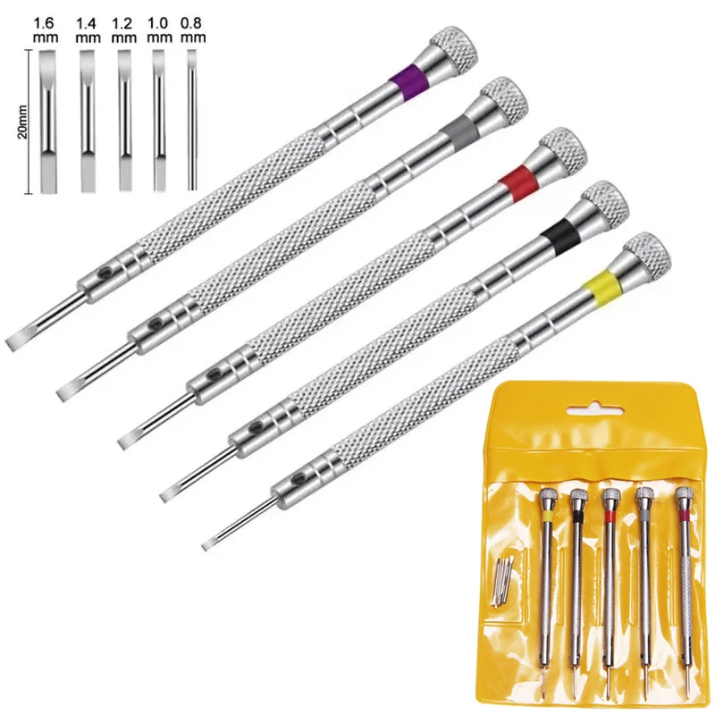 Set of 5 Metal Slotted Precision Screwdrivers for Watch Repair - 0.8mm to 1.6mm