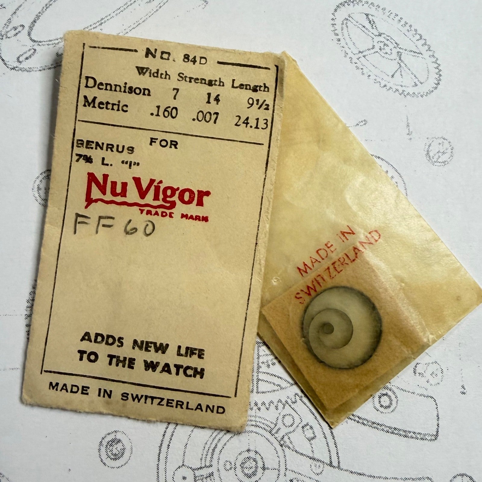 Nu Vigor Mainspring No.84D, 1.60 x 0.07 x 24.13mm, Dennison 7 x 14, Benrus 7¾ L