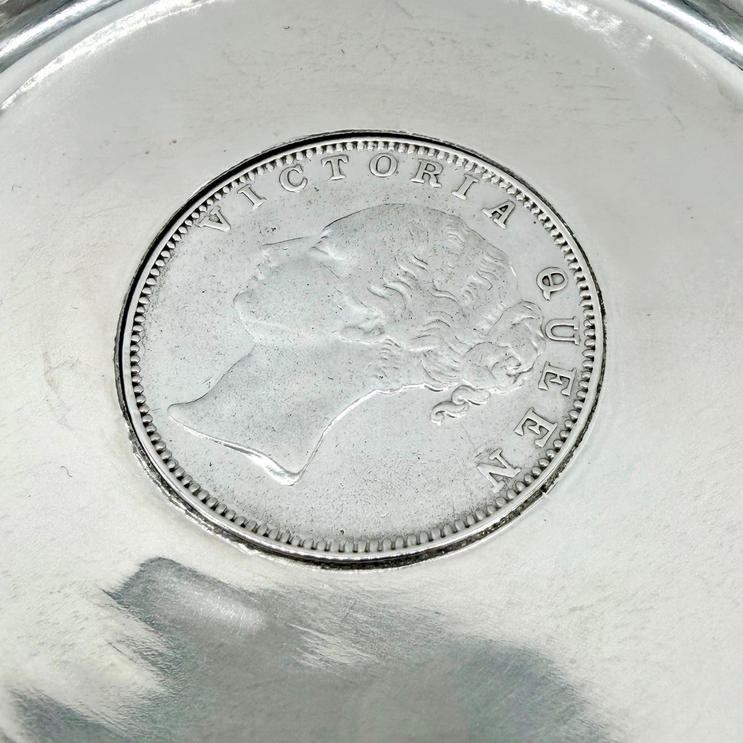 Antique Sterling Silver Coin Pin Dish, One Rupee 1840 East India Company - Boxed
