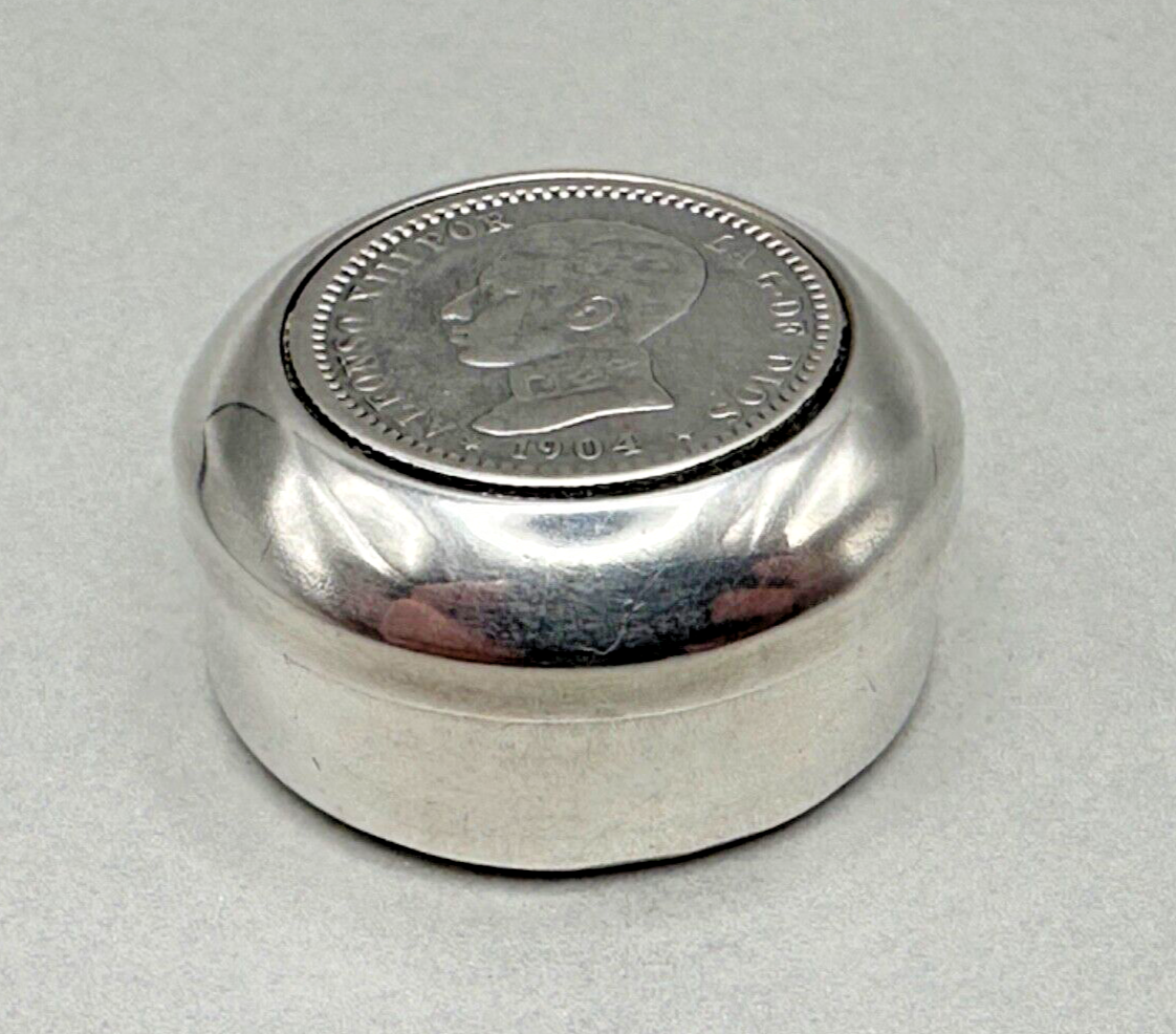 Antique Sterling Silver Coin Pill Box with 1904 Alfonso XIII Spanish Coin