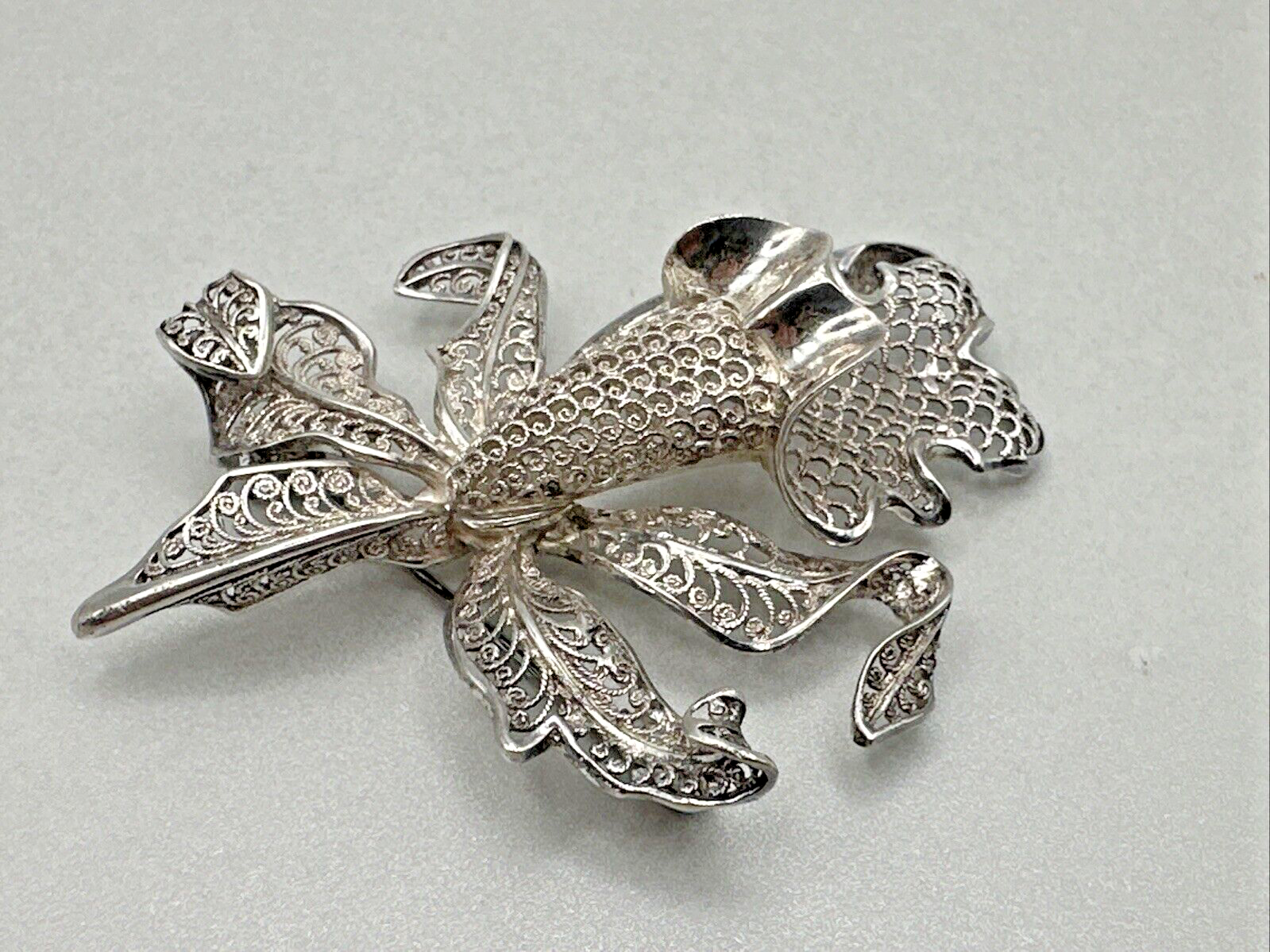 Vintage Silver Filigree Orchid Brooch - 1973