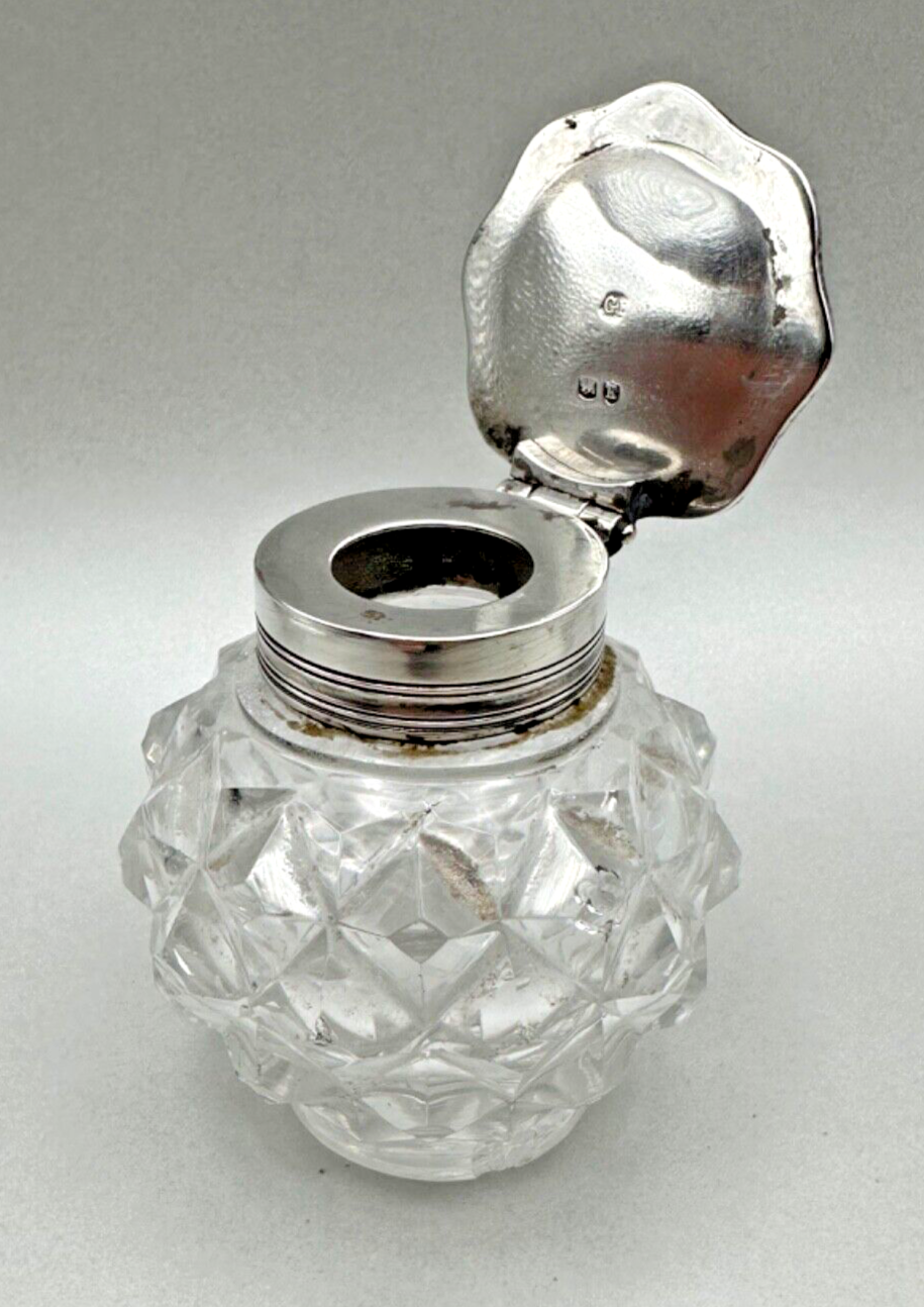 Antique Silver Top Glass Inkwell - London 1885 George Fox