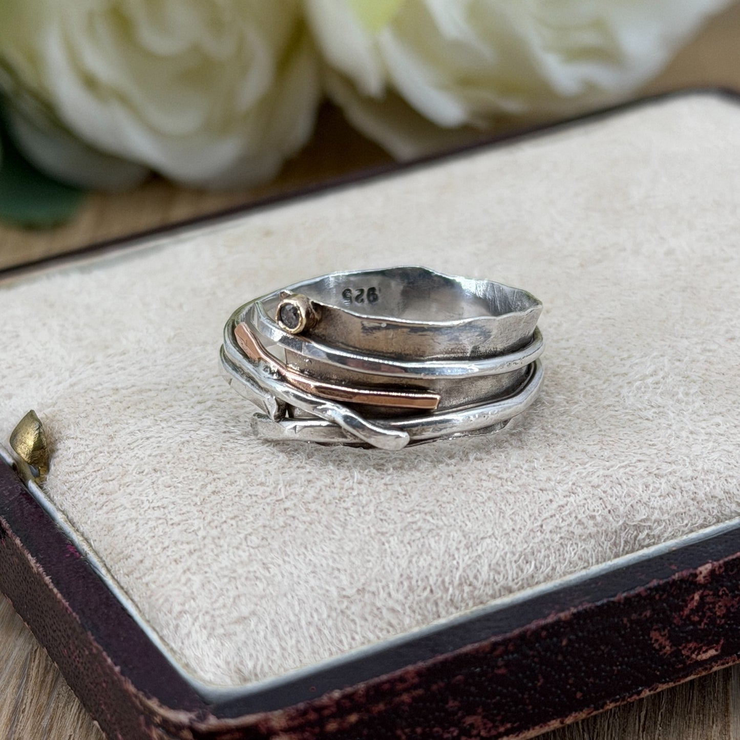 Handmade 925 Sterling Silver Diamond Ring with Gold Accents – UK Size U