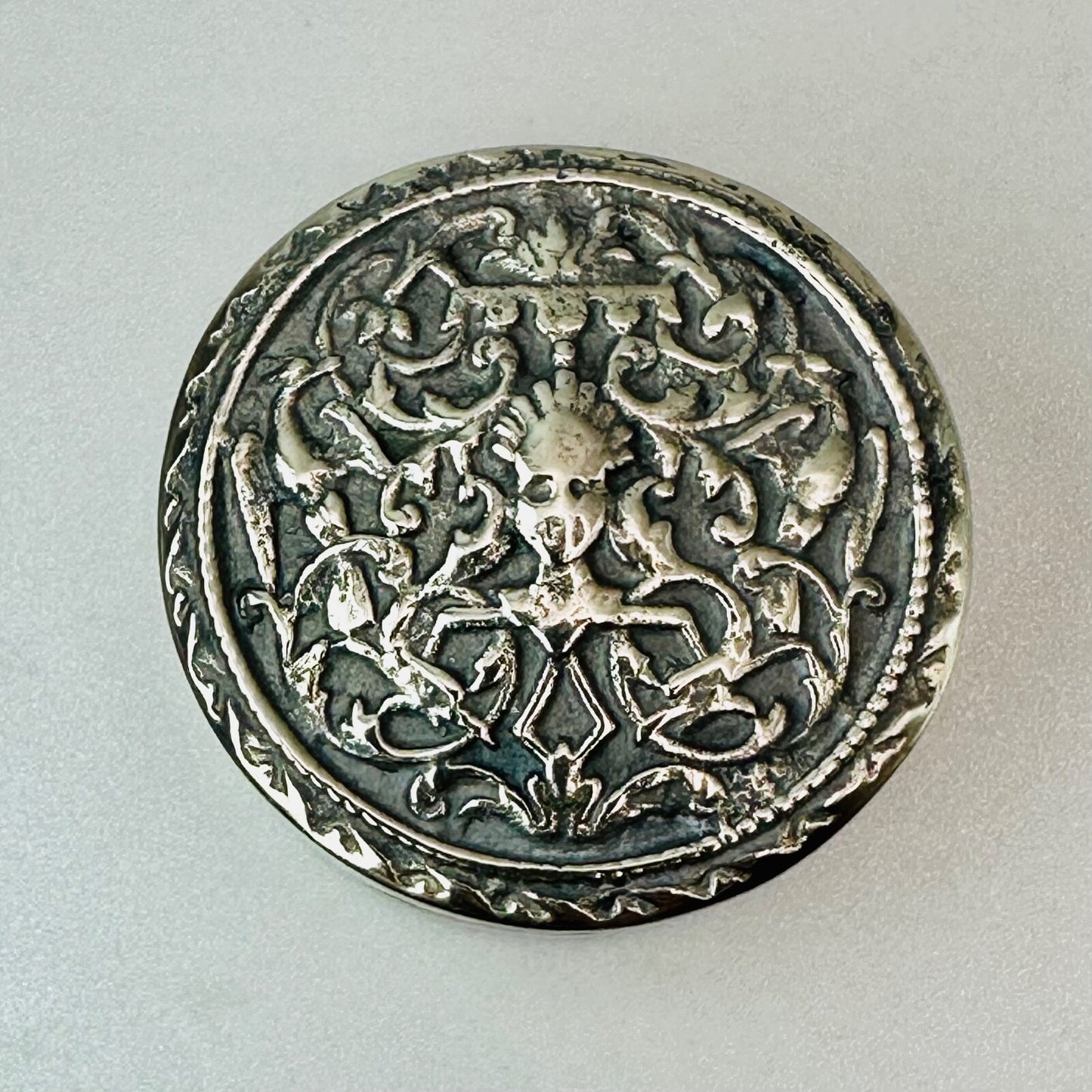Antique White Metal Pill Box with Hinged Lid