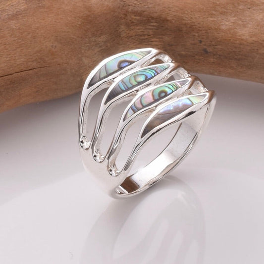 Brand New 925 Sterling Silver & Abalone Stripe Ring - Unique Eye-Catching Design
