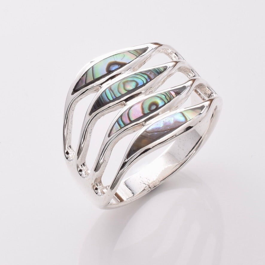 Brand New 925 Sterling Silver & Abalone Stripe Ring - Unique Eye-Catching Design