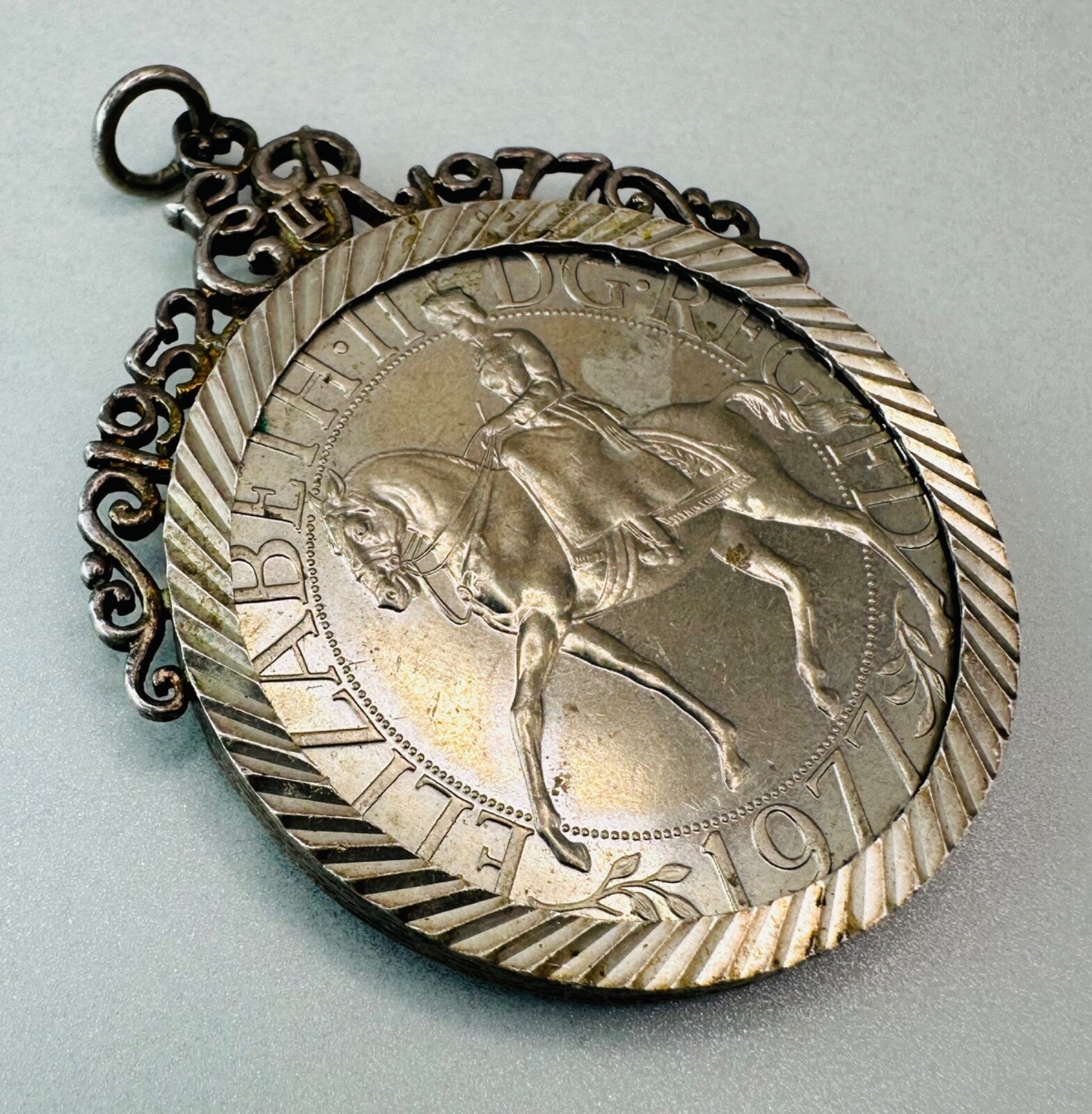 Vintage 1977 Queen Elizabeth II Silver Jubilee Coin with Silver Pendant Mount