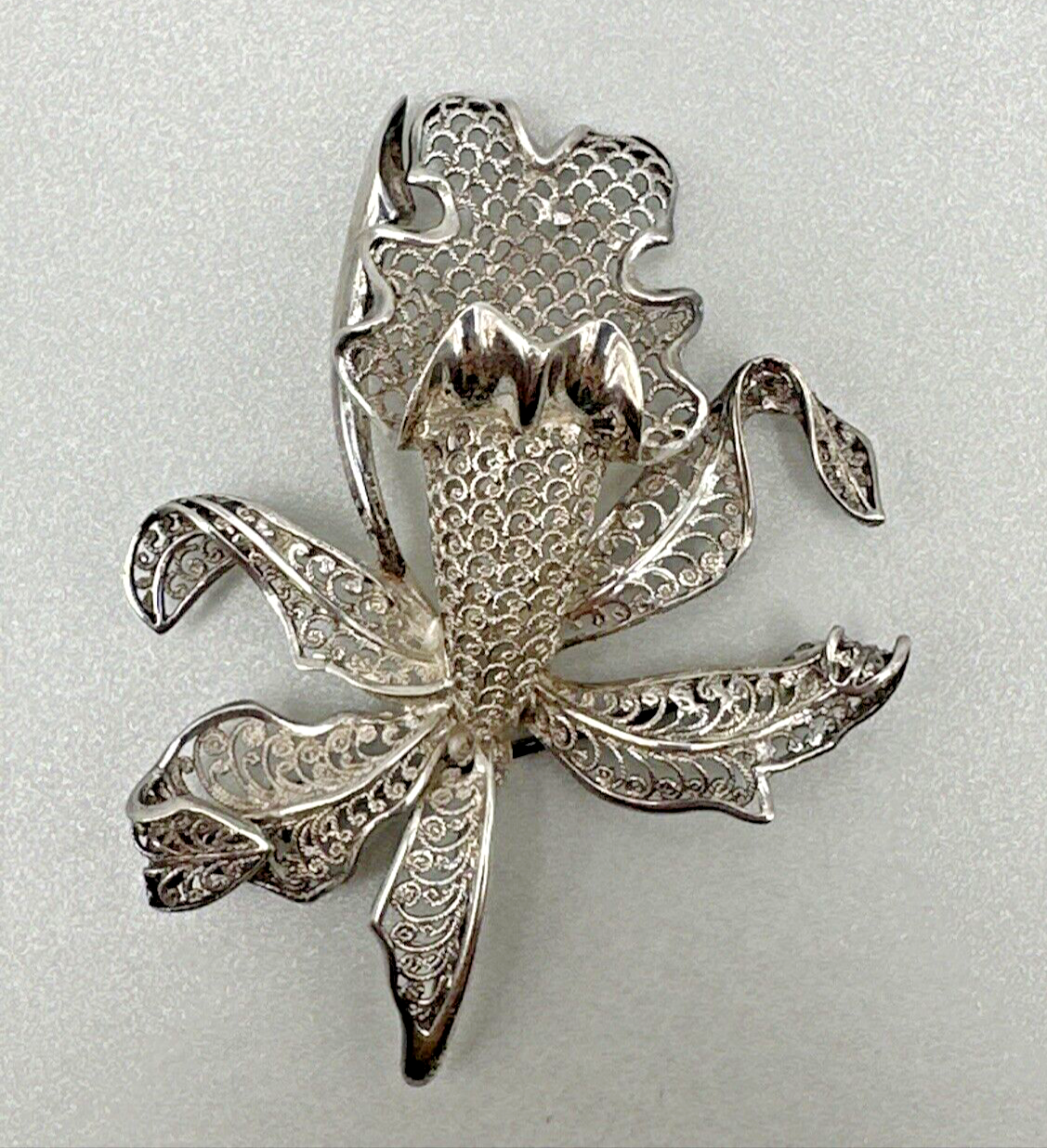 Vintage Silver Filigree Orchid Brooch - 1973