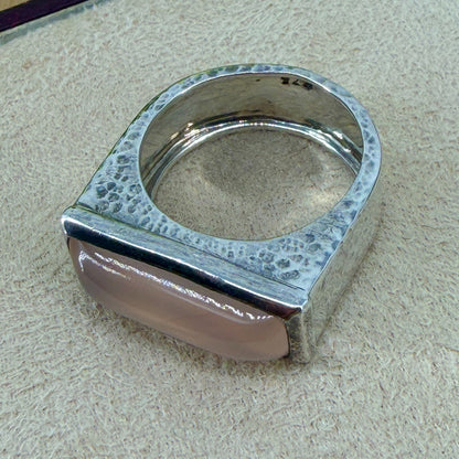 Vintage 925 Sterling Silver Rose Quartz Ring – UK Size Q – Rectangular Cabochon