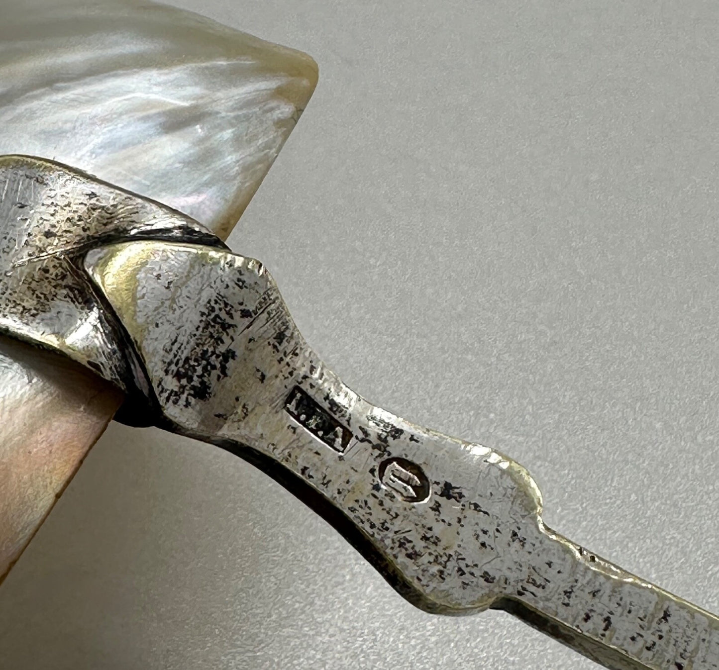 Antique Large Mother of Pearl Spoon – Ornate Design, Worn Silver-Plated Handle