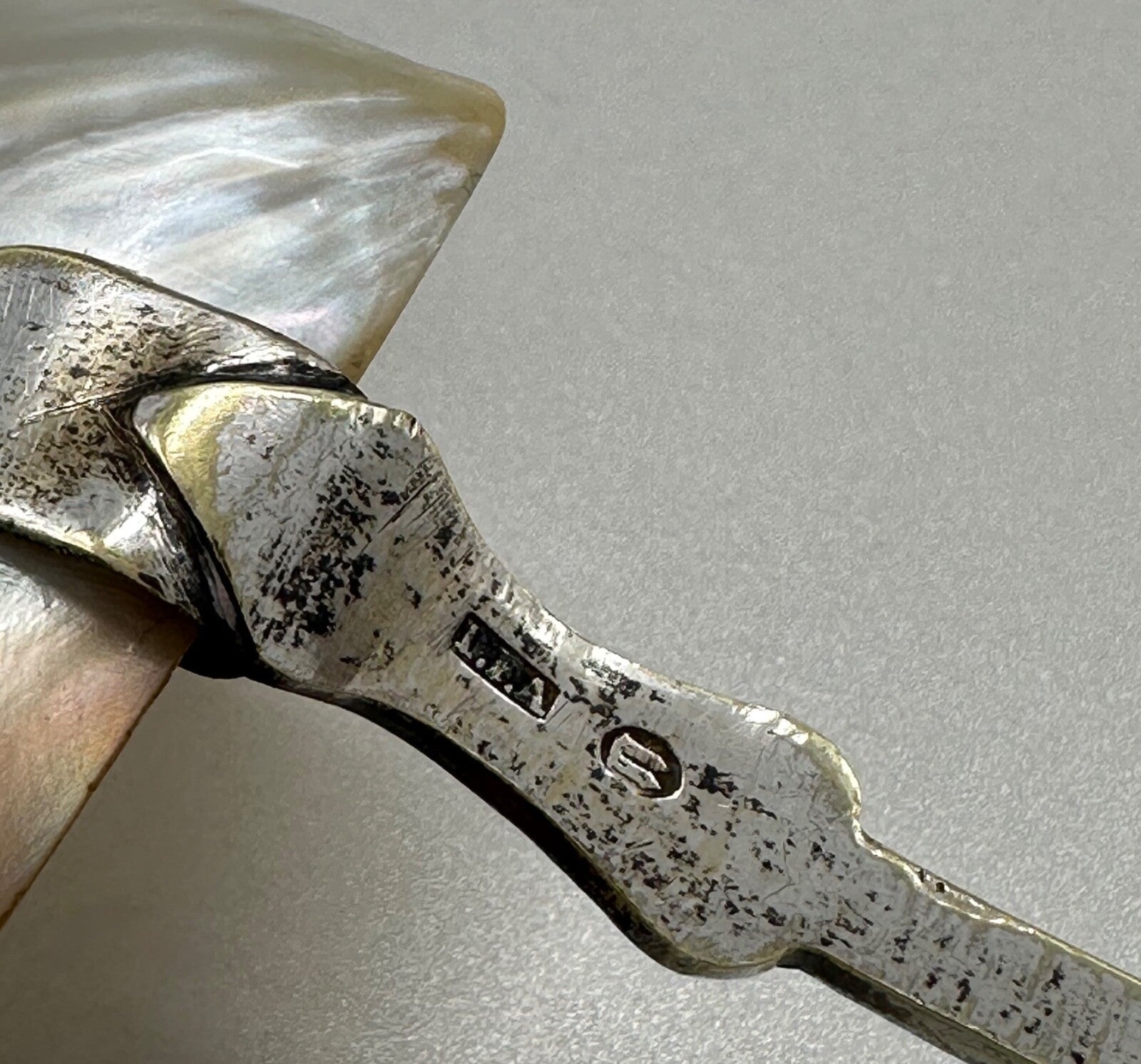 Antique Large Mother of Pearl Spoon – Ornate Design, Worn Silver-Plated Handle