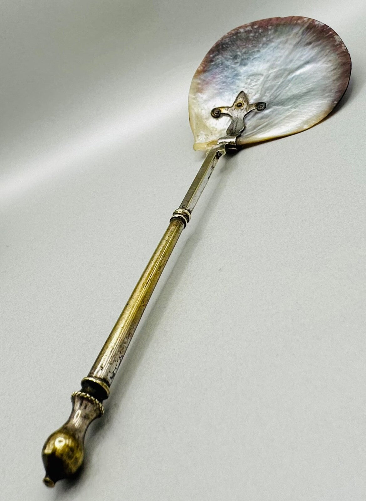 Antique Large Mother of Pearl Spoon – Ornate Design, Worn Silver-Plated Handle