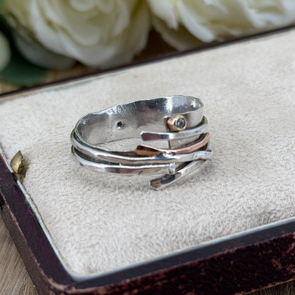 Handmade 925 Sterling Silver Diamond Ring with Gold Accents – UK Size U