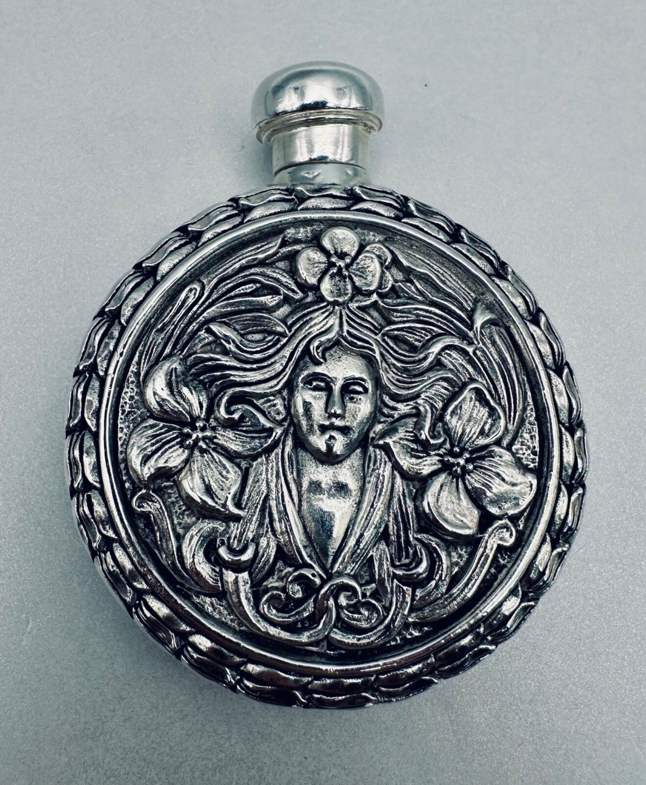 Antique 800 Silver Perfume Flask – High-Relief Classical Female & Floral Design