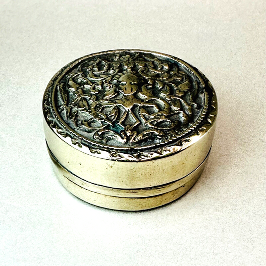 Antique White Metal Pill Box with Hinged Lid