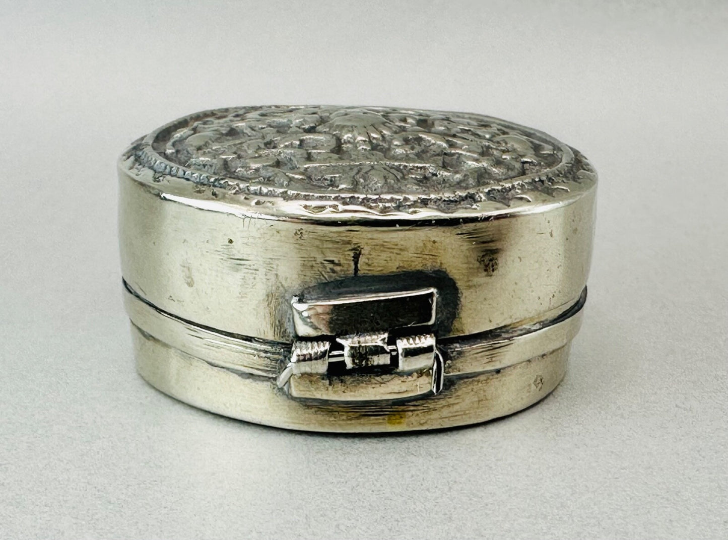 Antique White Metal Pill Box with Hinged Lid