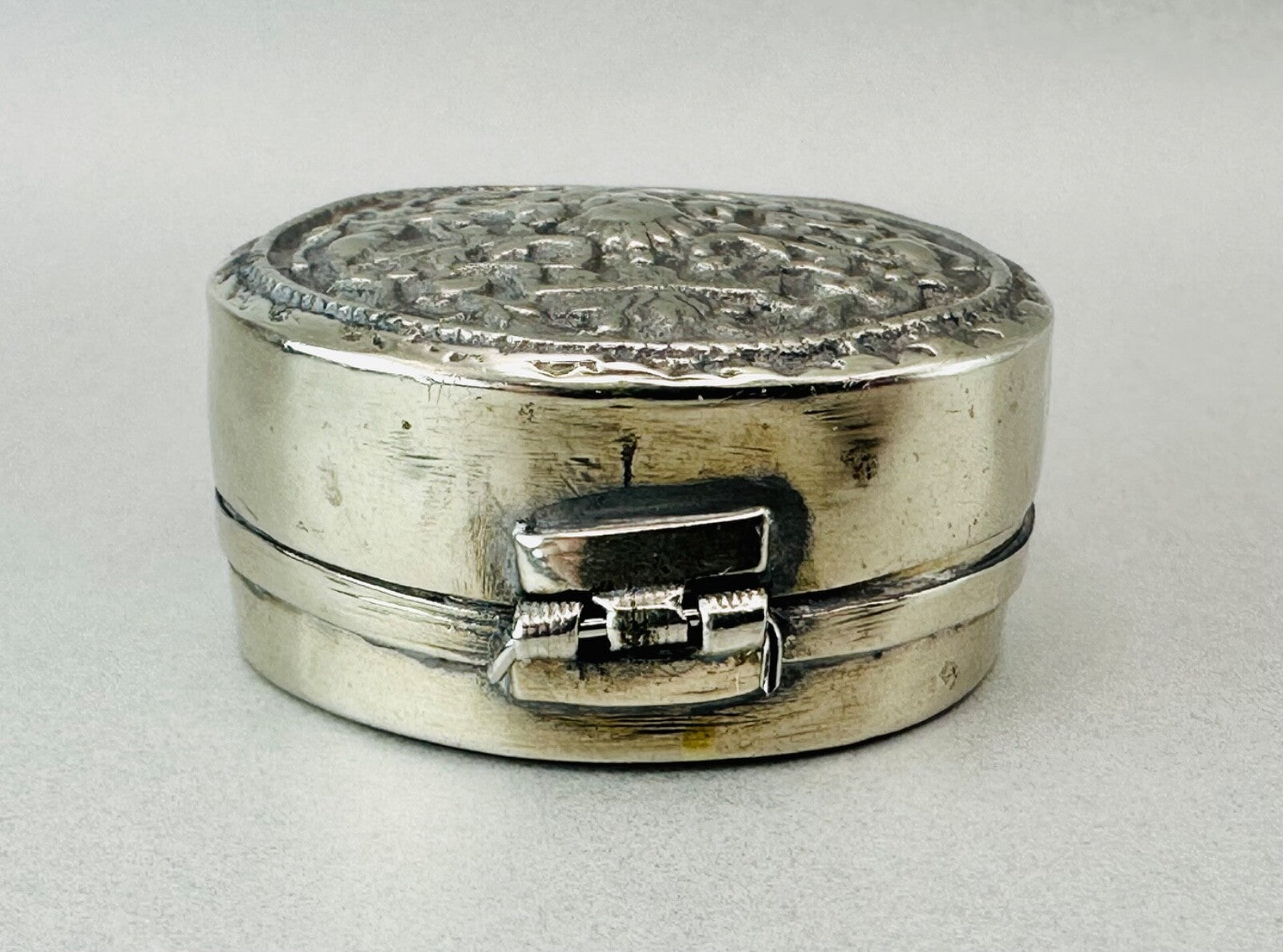 Antique White Metal Pill Box with Hinged Lid