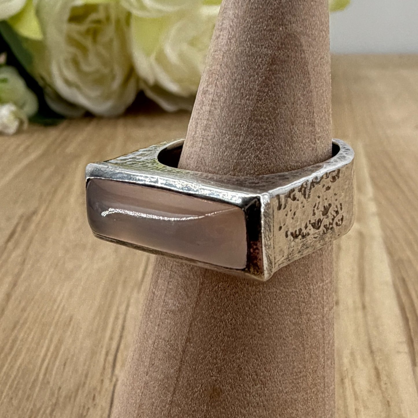 Vintage 925 Sterling Silver Rose Quartz Ring – UK Size Q – Rectangular Cabochon