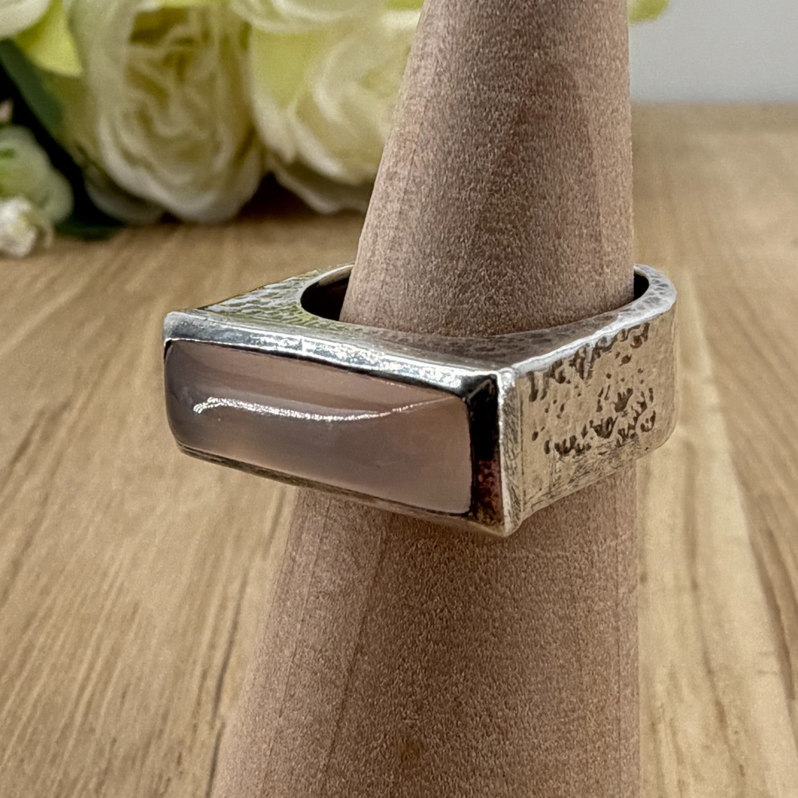 Vintage 925 Sterling Silver Rose Quartz Ring – UK Size Q – Rectangular Cabochon