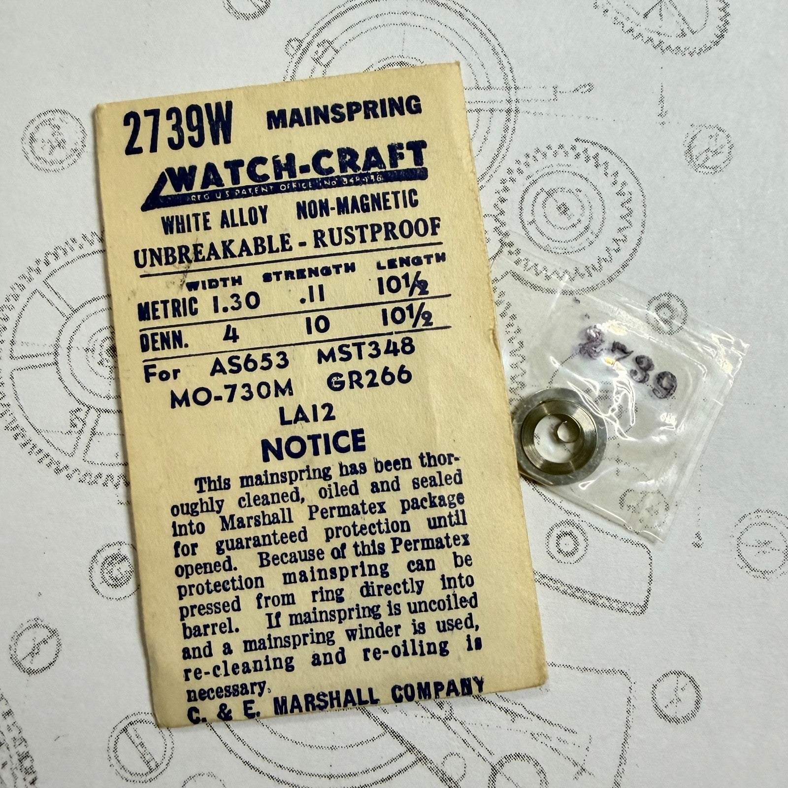 Watch-Craft Mainspring 2739W 1.30 x 0.11 x 10½", AS653 MST348 MO-730M GR266 LA12
