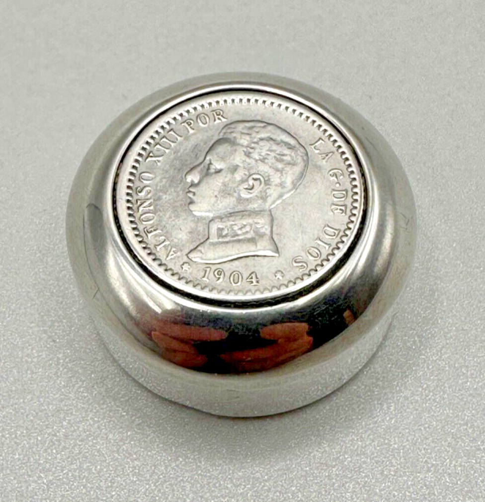 Antique Sterling Silver Coin Pill Box with 1904 Alfonso XIII Spanish Coin