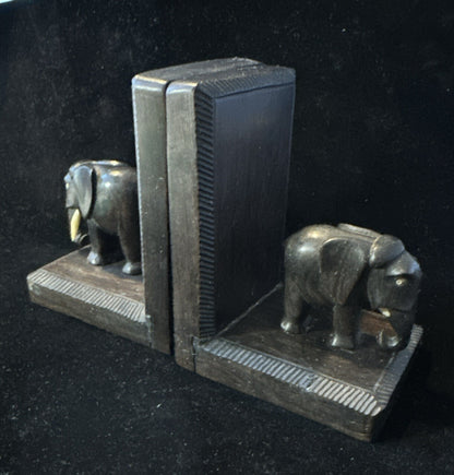Antique Carved Wooden Elephant Bookends