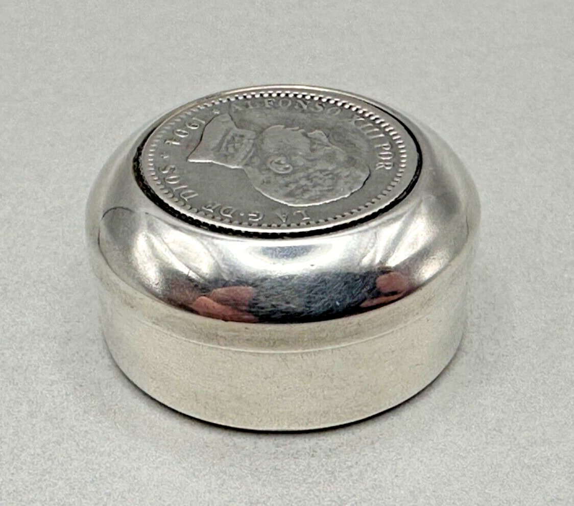 Antique Sterling Silver Coin Pill Box with 1904 Alfonso XIII Spanish Coin