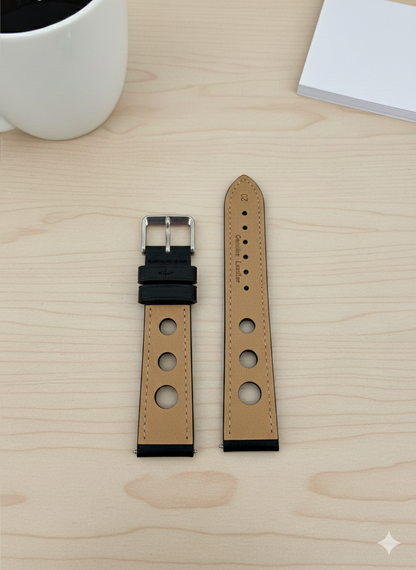 Brand New Grand Prix Style Leather Watch Strap – Black – Genuine Calf Leather