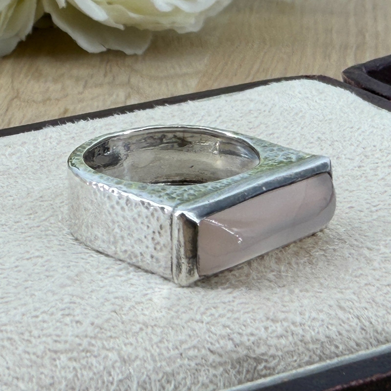 Vintage 925 Sterling Silver Rose Quartz Ring – UK Size Q – Rectangular Cabochon