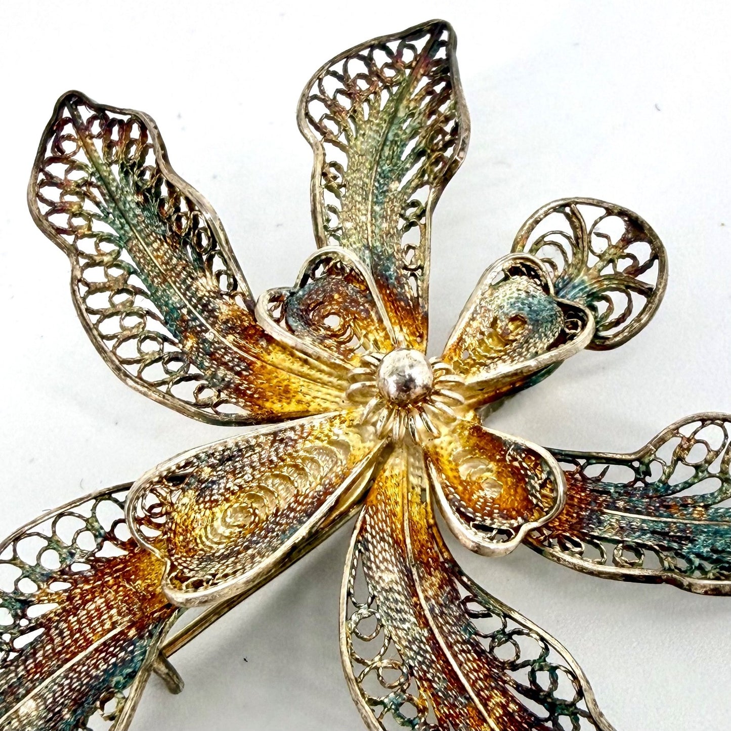Vintage Silver Filigree Floral Brooch – Stamped 925 – Beautiful Patina
