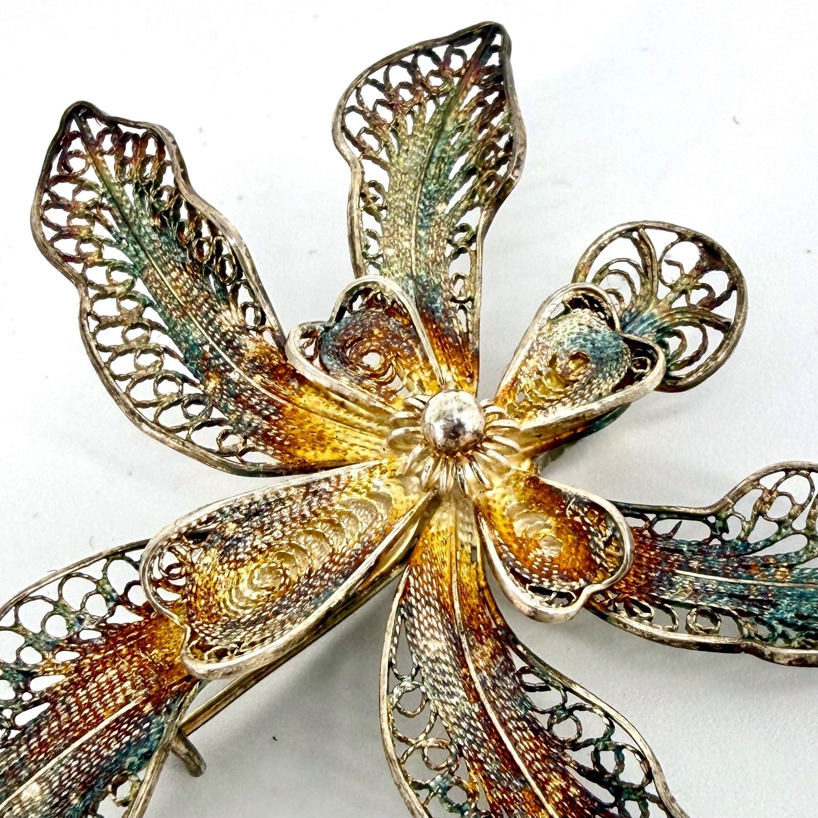 Vintage Silver Filigree Floral Brooch – Stamped 925 – Beautiful Patina