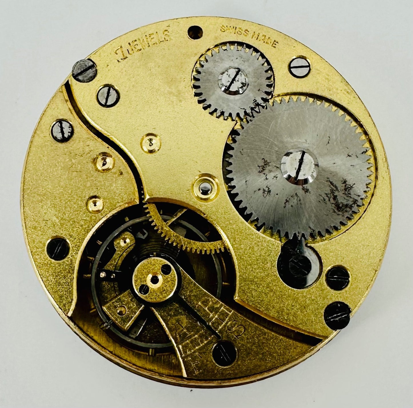Antique Swiss Pocket Watch Movement – 43mm, 7 Jewels – Runs/Stops, Spares/Repair