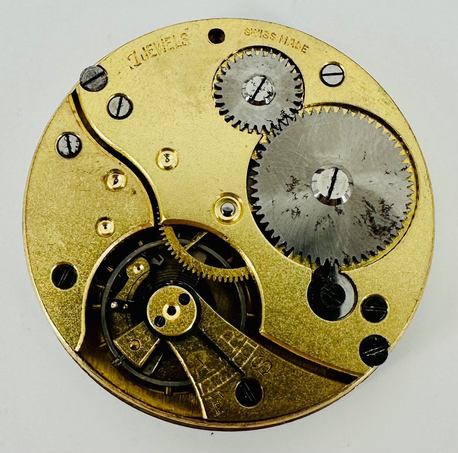 Antique Swiss Pocket Watch Movement – 43mm, 7 Jewels – Runs/Stops, Spares/Repair