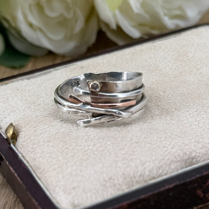 Handmade 925 Sterling Silver Diamond Ring with Gold Accents – UK Size U