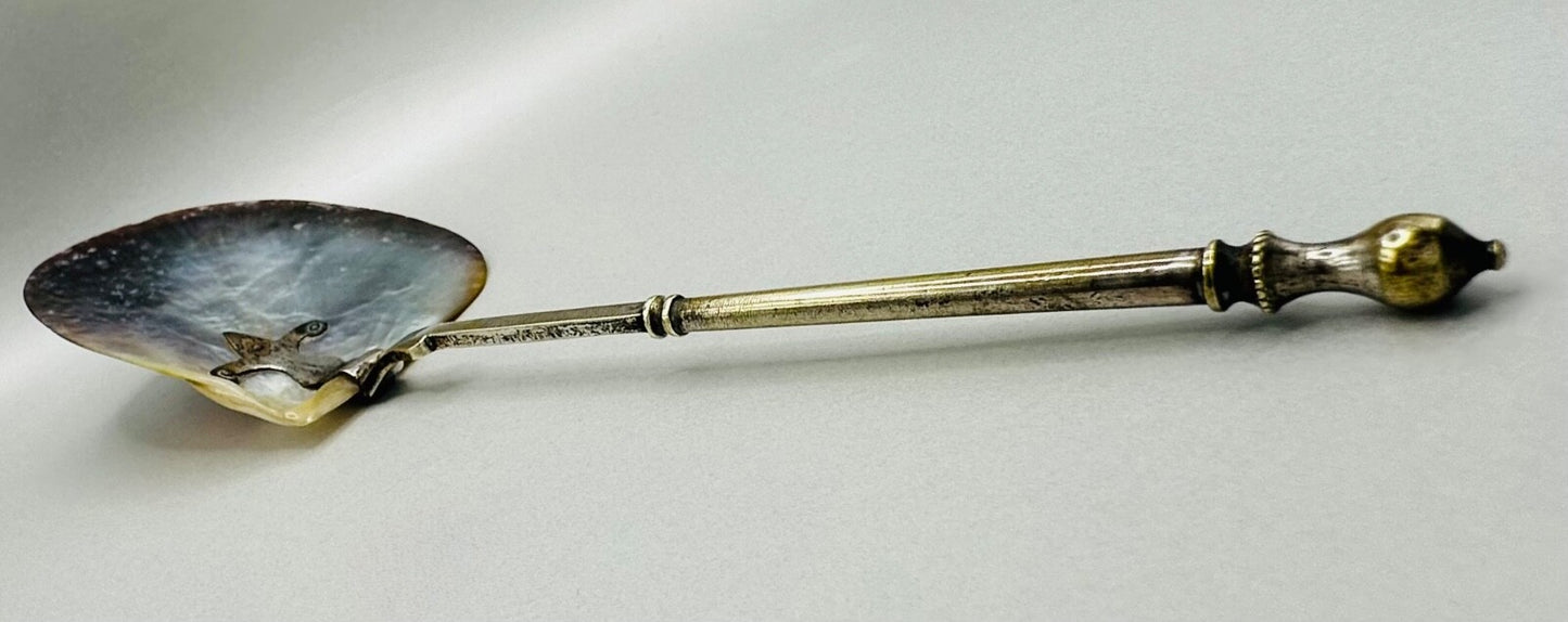 Antique Large Mother of Pearl Spoon – Ornate Design, Worn Silver-Plated Handle