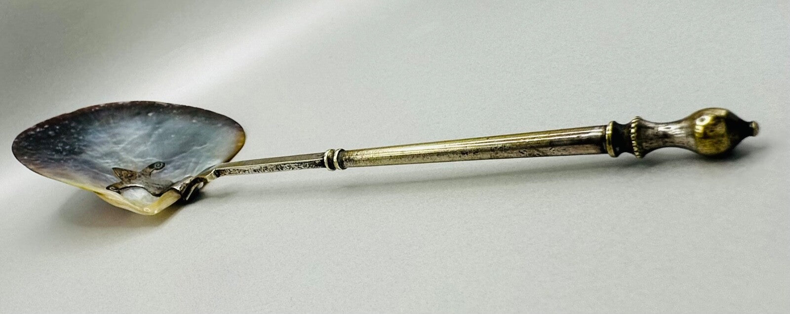 Antique Large Mother of Pearl Spoon – Ornate Design, Worn Silver-Plated Handle