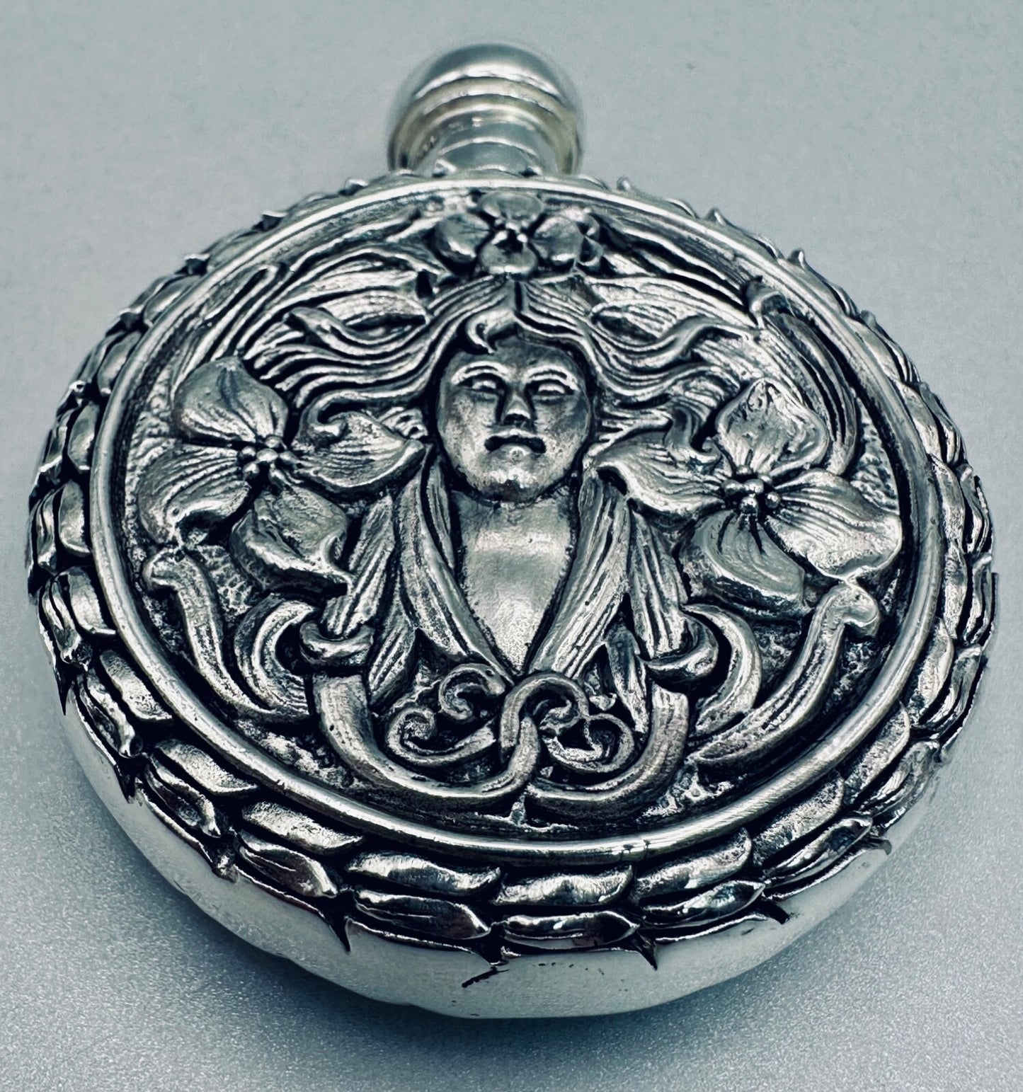 Antique 800 Silver Perfume Flask – High-Relief Classical Female & Floral Design