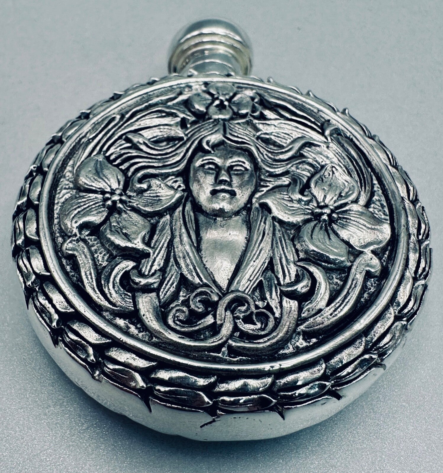 Antique 800 Silver Perfume Flask – High-Relief Classical Female & Floral Design