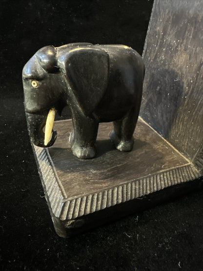 Antique Carved Wooden Elephant Bookends