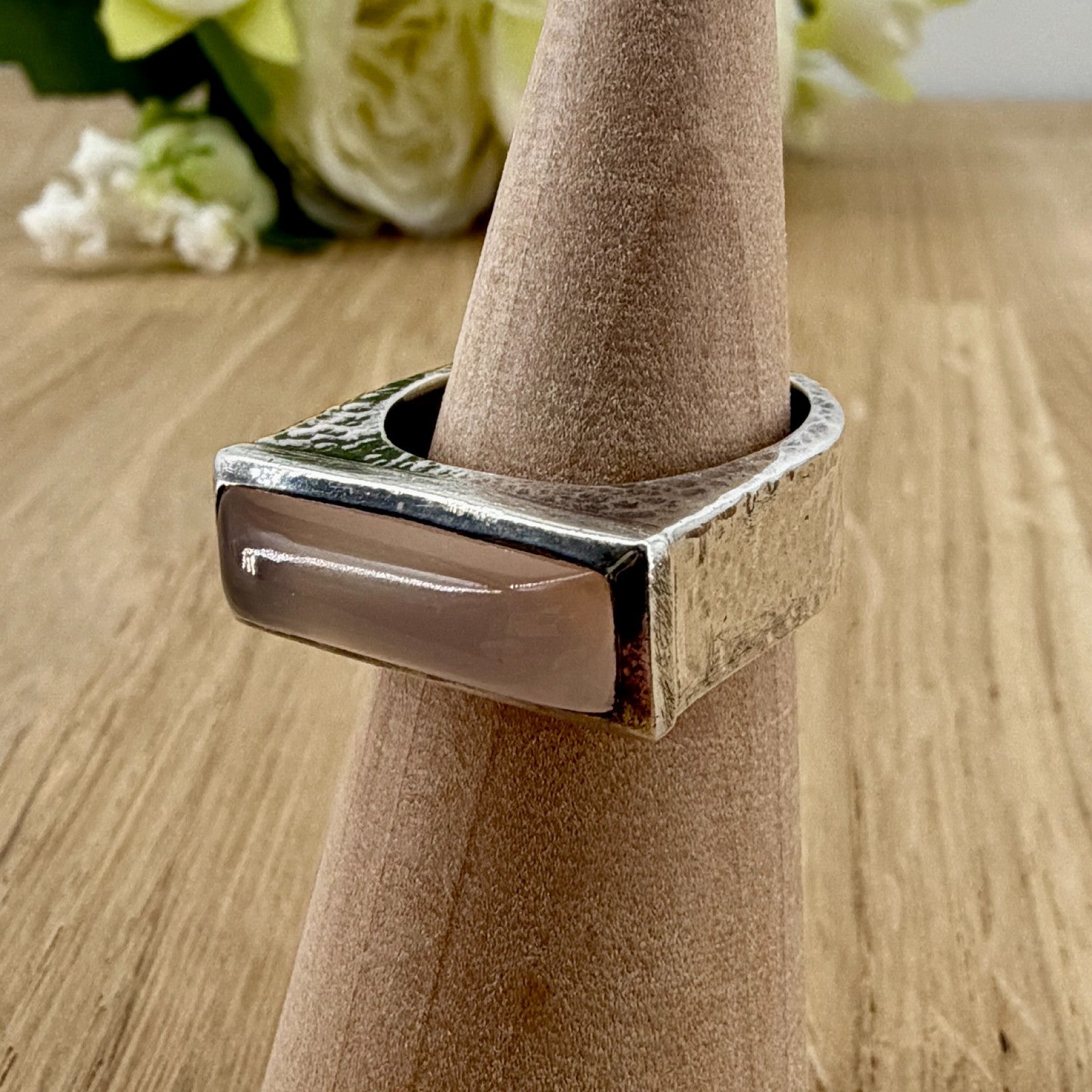 Vintage 925 Sterling Silver Rose Quartz Ring – UK Size Q – Rectangular Cabochon