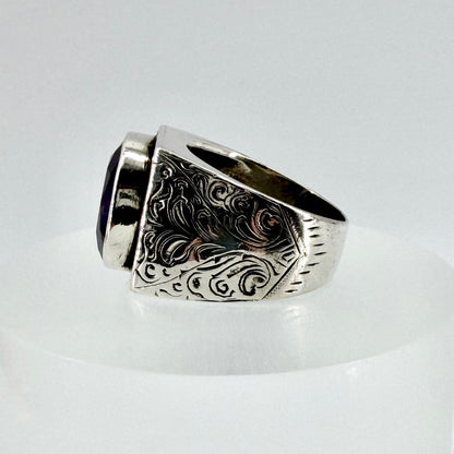 Vintage Sterling Silver Amethyst Signet Ring - UK Size W