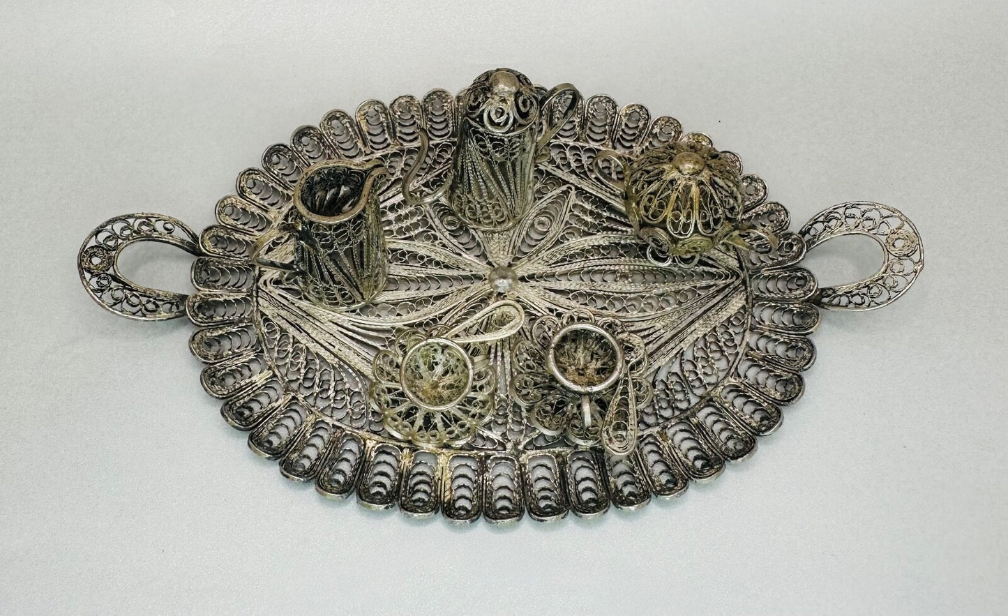 Antique White Metal Filigree Miniature Tea Set with Tray