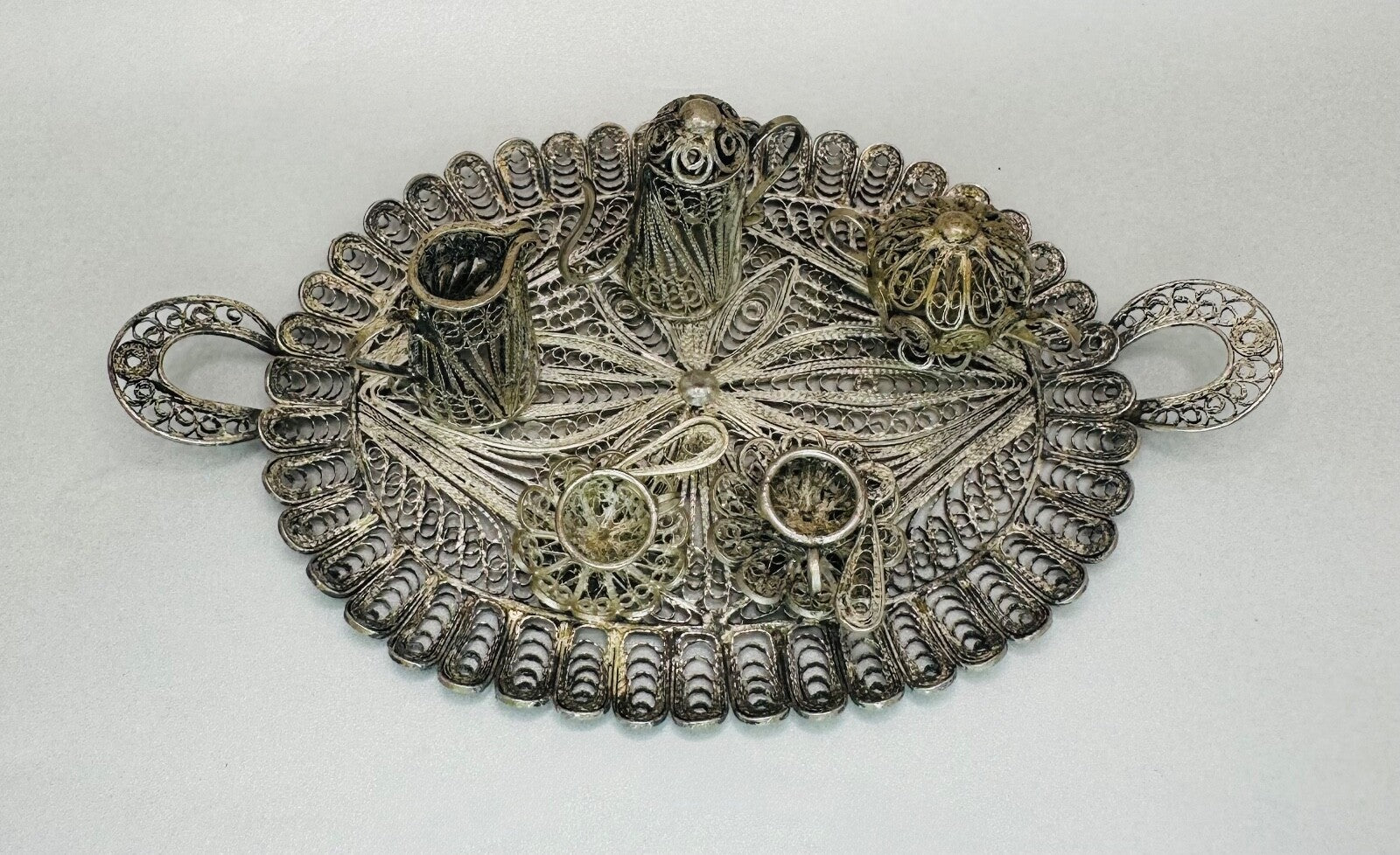 Antique White Metal Filigree Miniature Tea Set with Tray