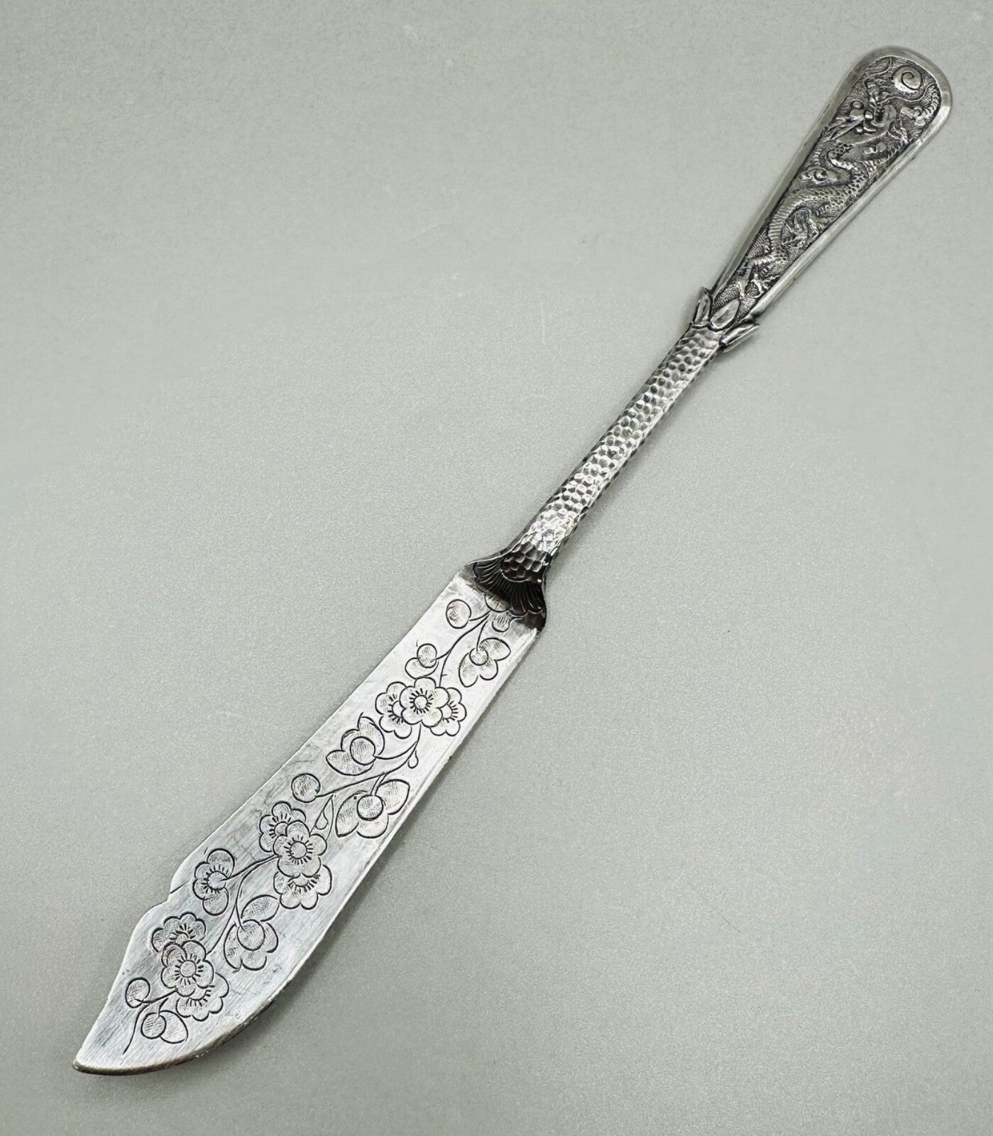 Antique Chinese Export Silver Fish Knife - Intricate Dragon and Floral Design