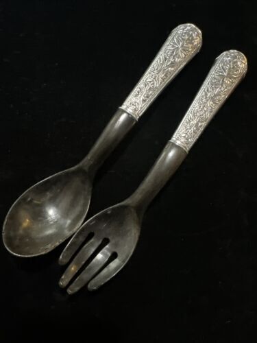 Antique Silver Handled Wooden Serving Fork & Spoon