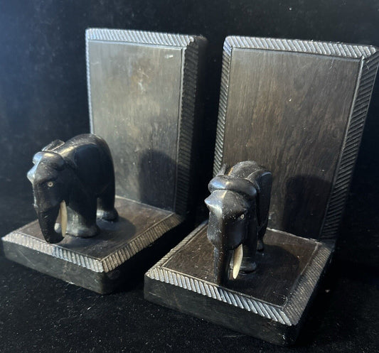 Antique Carved Wooden Elephant Bookends