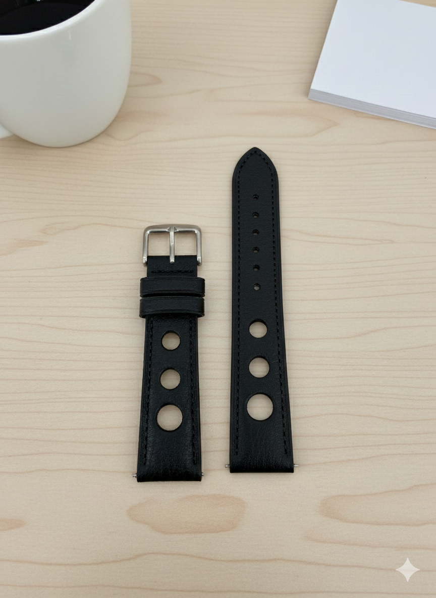 Brand New Grand Prix Style Leather Watch Strap – Black – Genuine Calf Leather