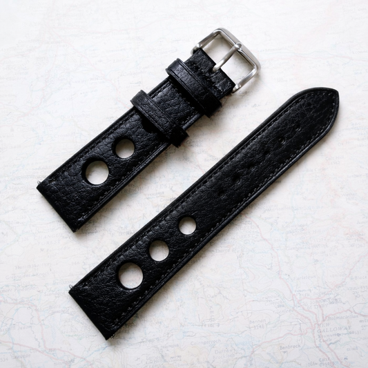 Brand New Grand Prix Style Leather Watch Strap – Black – Genuine Calf Leather