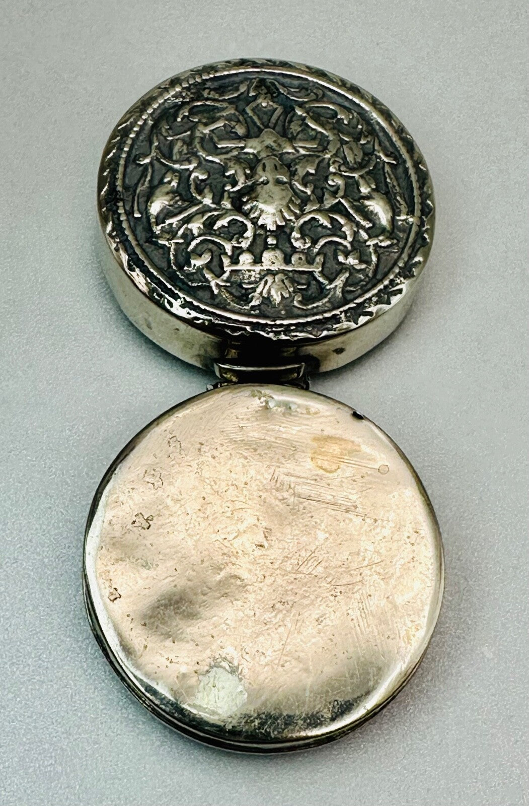 Antique White Metal Pill Box with Hinged Lid