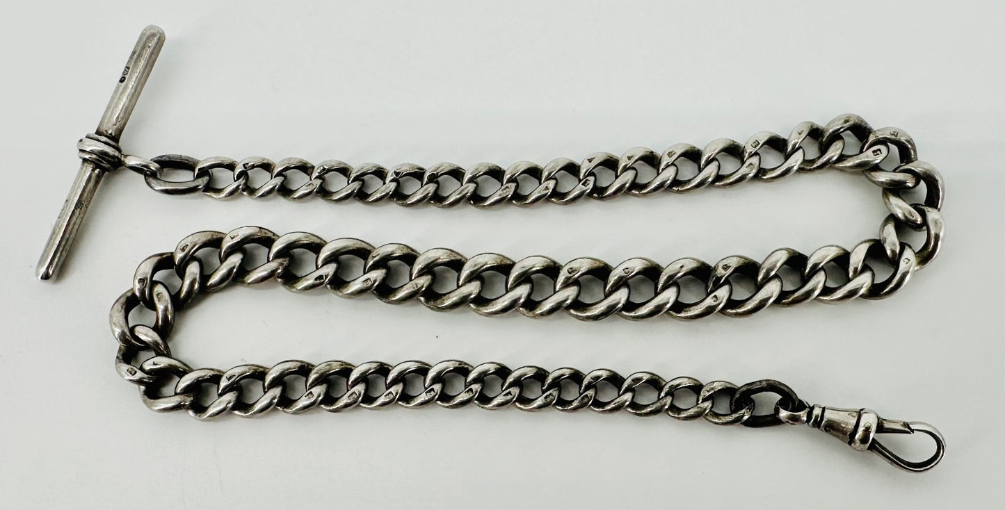 Antique Silver Pocket Watch Chain with T-Bar & Clip – 355mm, 41.4g c.1870